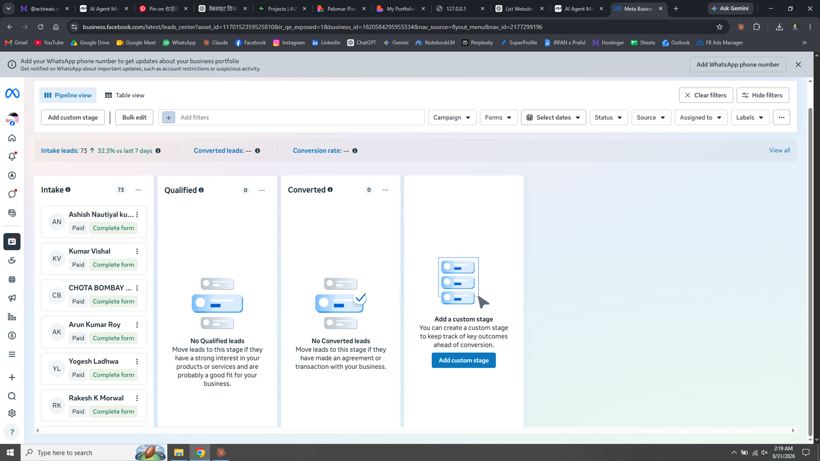 Lead pipeline dashboard showing intake leads and conversion rate